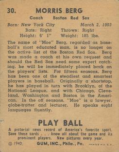 1940 Play Ball #30 Moe Berg Back