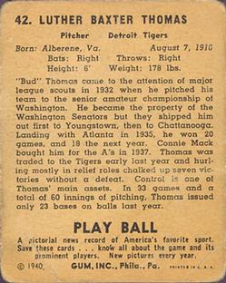 1940 Play Ball #42 Bud Thomas Back