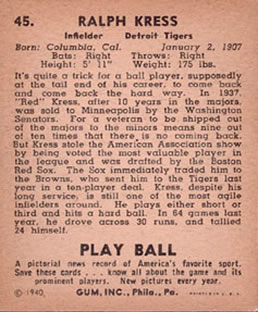 1940 Play Ball #45 Red Kress Back