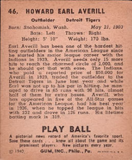 1940 Play Ball #46 Earl Averill Back