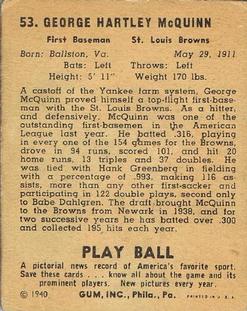 1940 Play Ball #53 George McQuinn Back