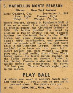 1940 Play Ball #5 Monte Pearson Back