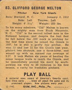 1940 Play Ball #83 Cliff Melton Back