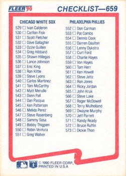 1990 Fleer #659 Checklist: Indians / Mariners / White Sox / Phillies Back