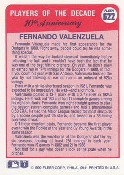 1990 Fleer #622 Fernando Valenzuela Back