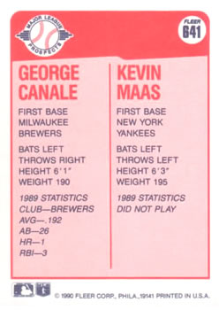 1990 Fleer #641 George Canale / Kevin Maas Back