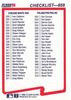 1990 Fleer #659 Checklist: Indians / Mariners / White Sox / Phillies Back