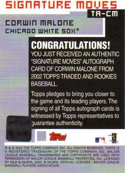 2002 Topps Traded & Rookies - Signature Moves #TA-CM Corwin Malone Back