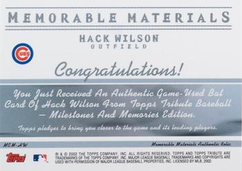 2002 Topps Tribute - Memorable Materials #MEM-HW Hack Wilson Back
