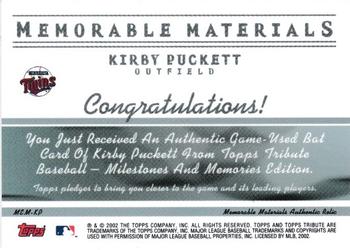 2002 Topps Tribute - Memorable Materials #MEM-KP Kirby Puckett Back