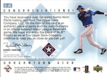 2002 Upper Deck 40-Man - Gargantuan Gear #G-JG Juan Gonzalez  Back