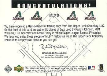 2002 Upper Deck Diamond Connection - Bat Around Game-Used Bats Quad #BA-JWGF Randy Johnson / Matt Williams / Luis Gonzalez / Steve Finley Back
