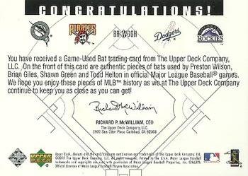 2002 Upper Deck Diamond Connection - Bat Around Game-Used Bats Quad #BA-WGGH Preston Wilson / Brian Giles / Shawn Green / Todd Helton Back