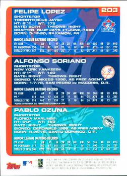 2000 Topps #203 Felipe Lopez / Pablo Ozuna / Alfonso Soriano Back