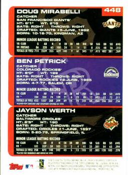 2000 Topps #448 Doug Mirabelli / Ben Petrick / Jayson Werth Back