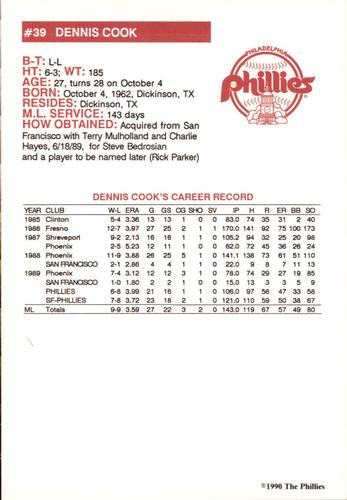 1990 Philadelphia Phillies Photocards #NNO Dennis Cook Back