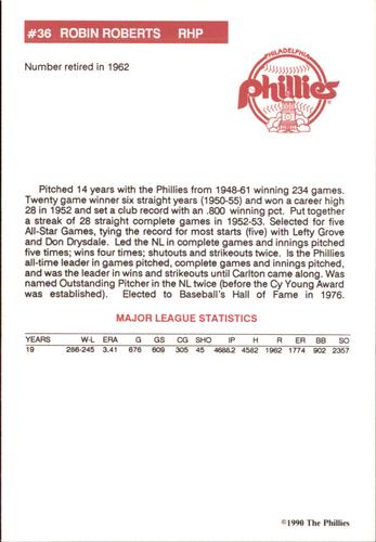 1990 Philadelphia Phillies Photocards #NNO Robin Roberts Back