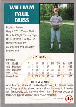1991 Front Row Draft Picks #45 Bill Bliss Back