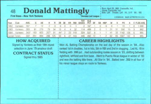 1985 Donruss Action All-Stars #48 Don Mattingly Back