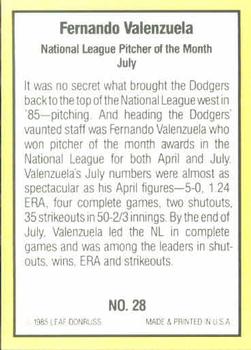 1985 Donruss Highlights #28 Fernando Valenzuela Back