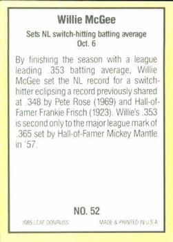 1985 Donruss Highlights #52 Willie McGee Back