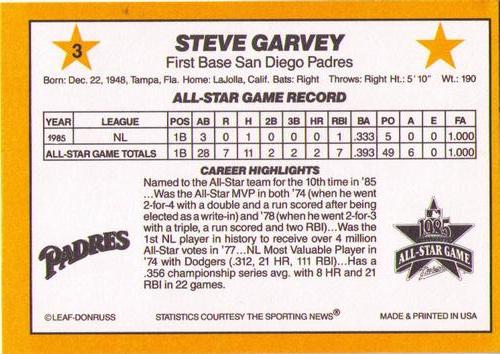 1986 Donruss All-Stars #3 Steve Garvey Back