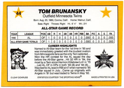 1986 Donruss All-Stars #44 Tom Brunansky Back
