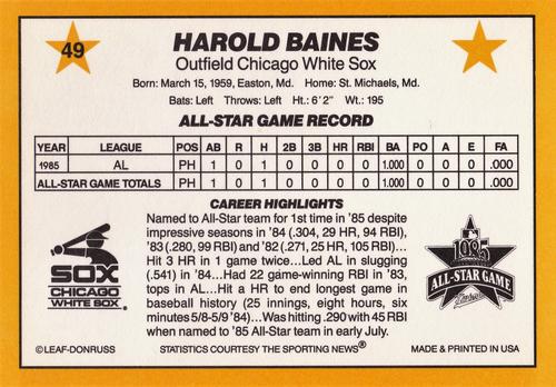 1986 Donruss All-Stars #49 Harold Baines Back