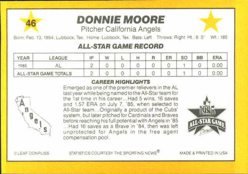 1986 Donruss All-Stars #46 Donnie Moore Back