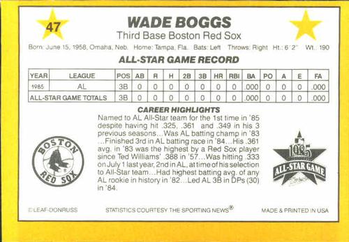 1986 Donruss All-Stars #47 Wade Boggs Back