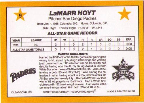 1986 Donruss All-Stars #9 LaMarr Hoyt Back