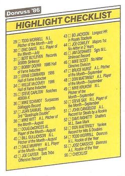 1986 Donruss Highlights #56 Highlight Checklist Back