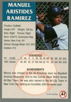 1991 Front Row Draft Picks - Autographs #47 Manny Ramirez Back