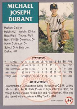 1991 Front Row Draft Picks - Gold #17 Mike Durant Back