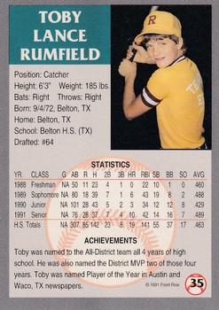 1991 Front Row Draft Picks - Gold #35 Toby Rumfield Back
