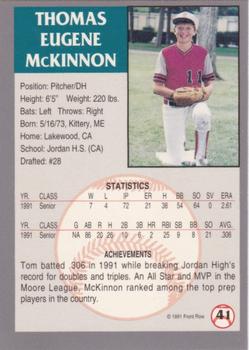 1991 Front Row Draft Picks - Silver #41 Tom McKinnon Back