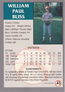 1991 Front Row Draft Picks - Silver #45 Bill Bliss Back