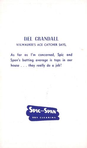 1953-55 Spic and Span Milwaukee Braves Photocards 3x5 #NNO Del Crandall Back