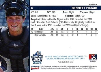 2013 Choice West Michigan Whitecaps #14 Bennett Pickar Back