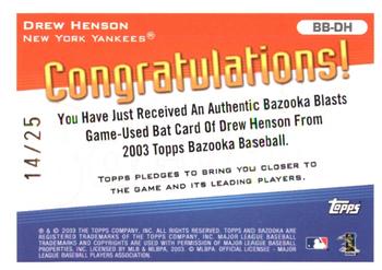2003 Bazooka - Blasts Relics Parallel 25 #BB-DH Drew Henson Back