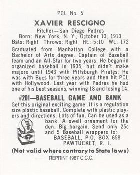 1987 Card Collectors 1949 Bowman PCL Reprint #5 Xavier Rescigno Back