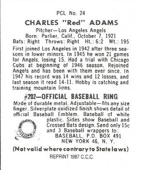 1987 Card Collectors 1949 Bowman PCL Reprint #24 Red Adams Back