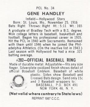 1987 Card Collectors 1949 Bowman PCL Reprint #34 Gene Handley Back