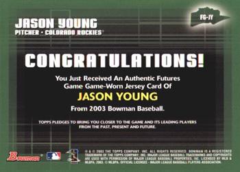 2003 Bowman - Futures Game Jerseys #FG-JY Jason Young Back