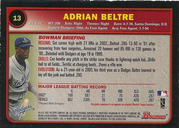 2003 Bowman - Gold #13 Adrian Beltre Back