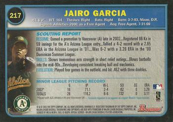 2003 Bowman - Gold #217 Jairo Garcia Back