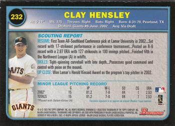 2003 Bowman - Gold #232 Clay Hensley Back
