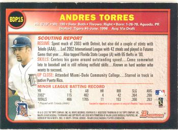 2003 Bowman Draft Picks & Prospects - Gold #BDP15 Andres Torres Back
