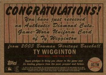 2003 Bowman Heritage - Diamond Cuts Red Relics #DC-TW Ty Wigginton Back