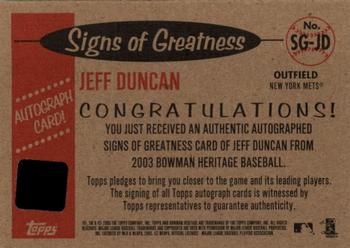 2003 Bowman Heritage - Signs of Greatness #SG-JD Jeff Duncan Back